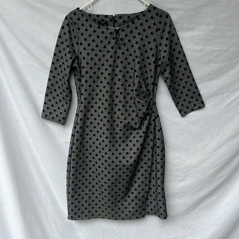NWT Talbots Gray/Black Polka Dot Ruched Waistline Fitted Dress SzMed/P